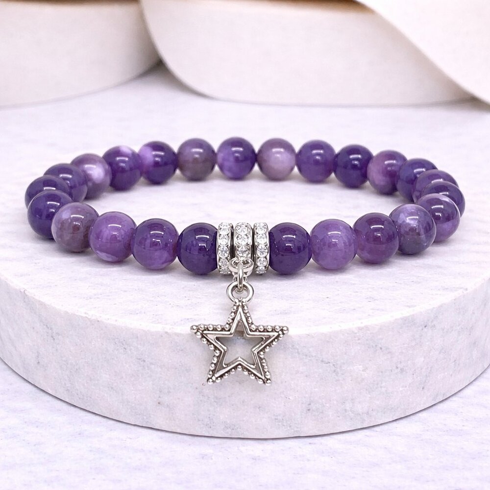 Amethyst Crystal Charm 8mm Beads Stretch Bracelet Reiki Healing Crystal Jewelry